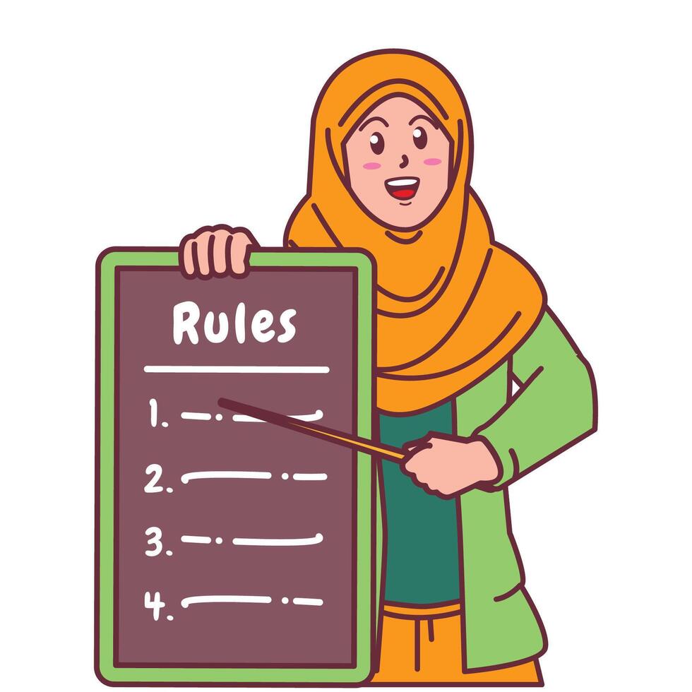 Cartoon illustration of a Muslim woman in a hijab explaining a list of rules vector