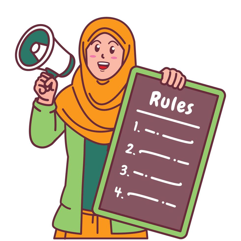 Cartoon illustration of a Muslim woman in a hijab explaining a list of rules and holding a megaphone vector