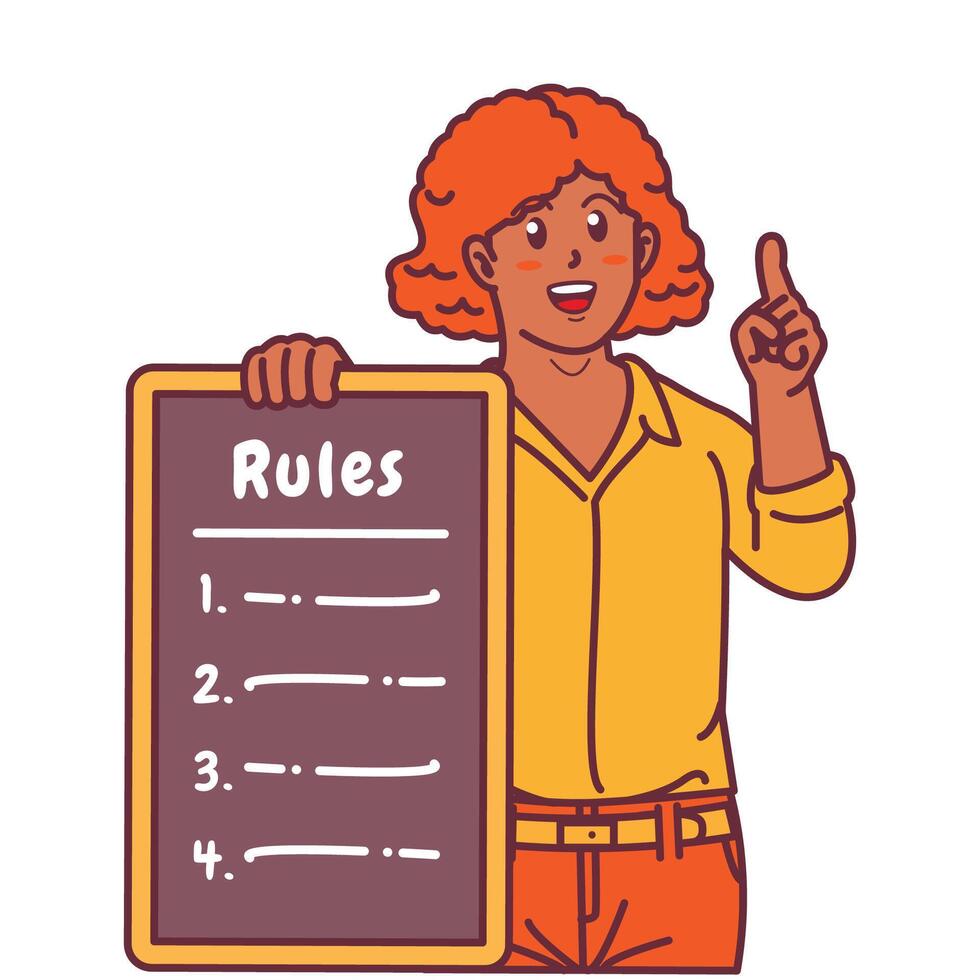 Cartoon illustration of a black woman explaining a list of rules vector