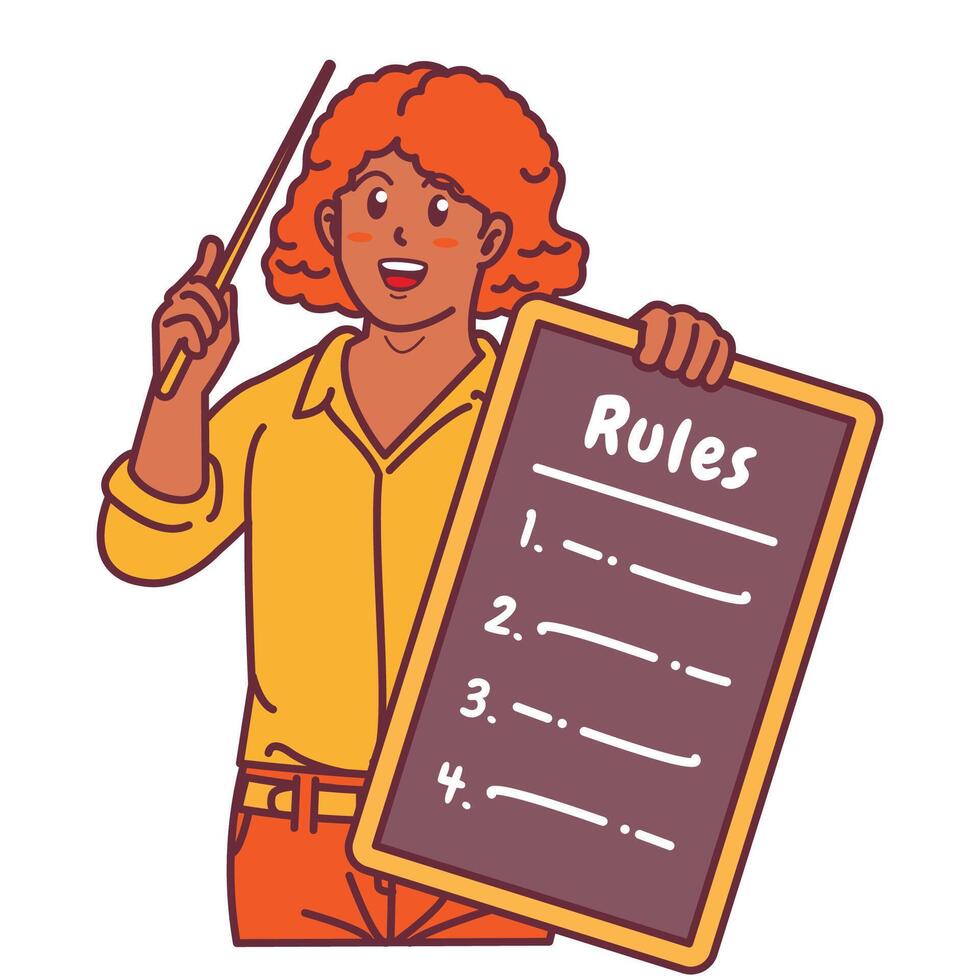 Cartoon illustration of a black woman explaining a list of rules vector