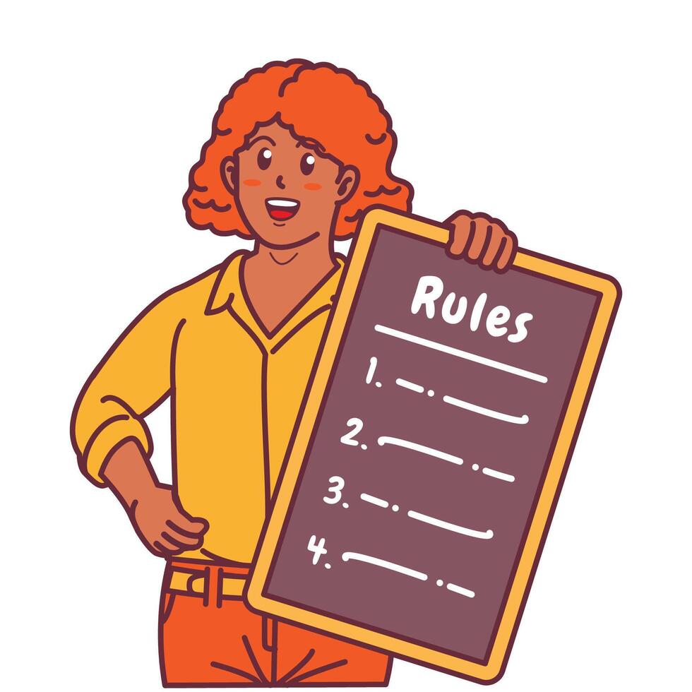 Cartoon illustration of a black woman explaining a list of rules vector
