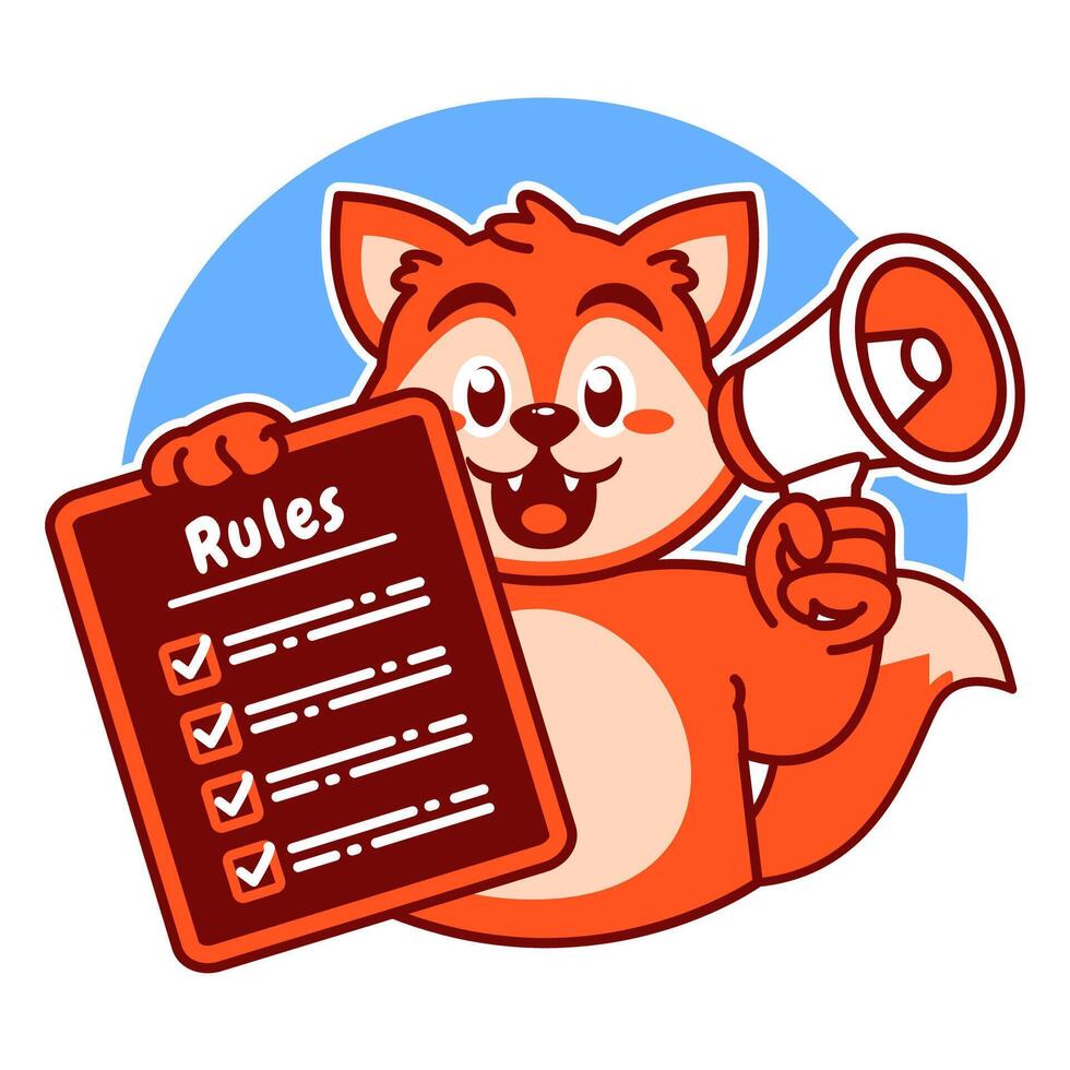 Illustration of Cute Fox Cartoon Character Holding Checklist and Rules and a megaphone vector