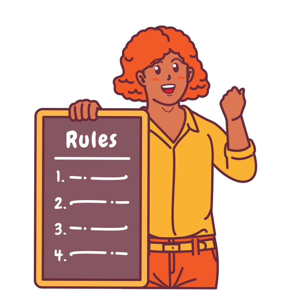 Cartoon illustration of a black woman explaining a list of rules vector