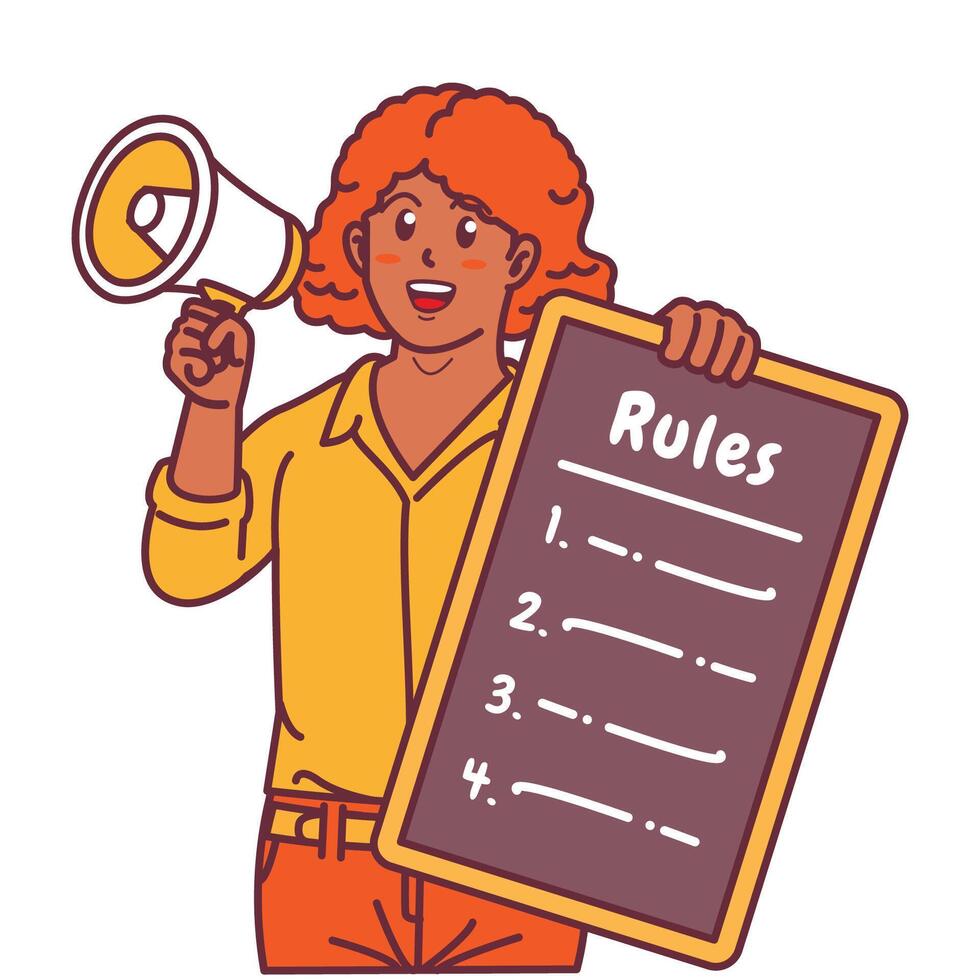 Cartoon illustration of a black woman explaining a list of rules and holding a megaphone vector