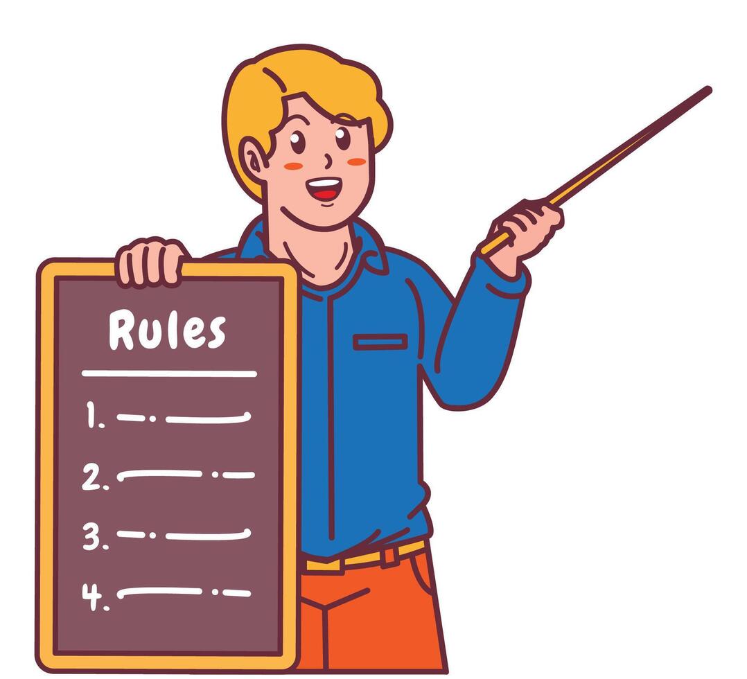 Cartoon illustration of a man explaining a list of rules vector