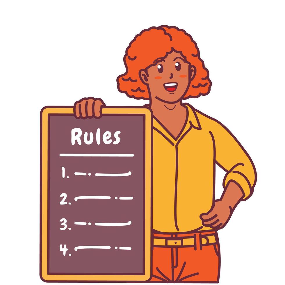 Cartoon illustration of a black woman explaining a list of rules vector