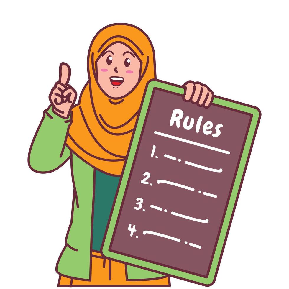 Cartoon illustration of a Muslim woman in a hijab explaining a list of rules vector