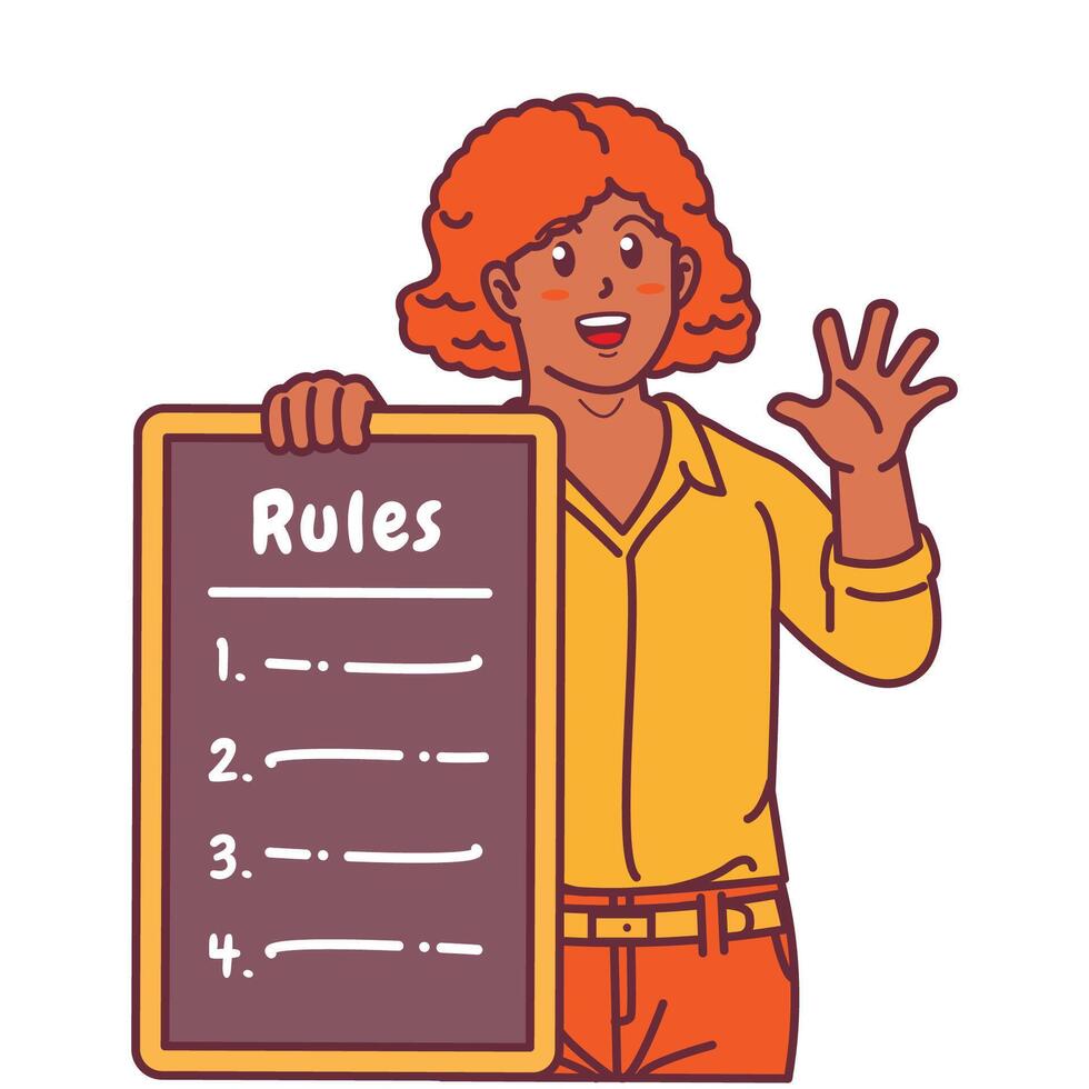 Cartoon illustration of a black woman explaining a list of rules vector