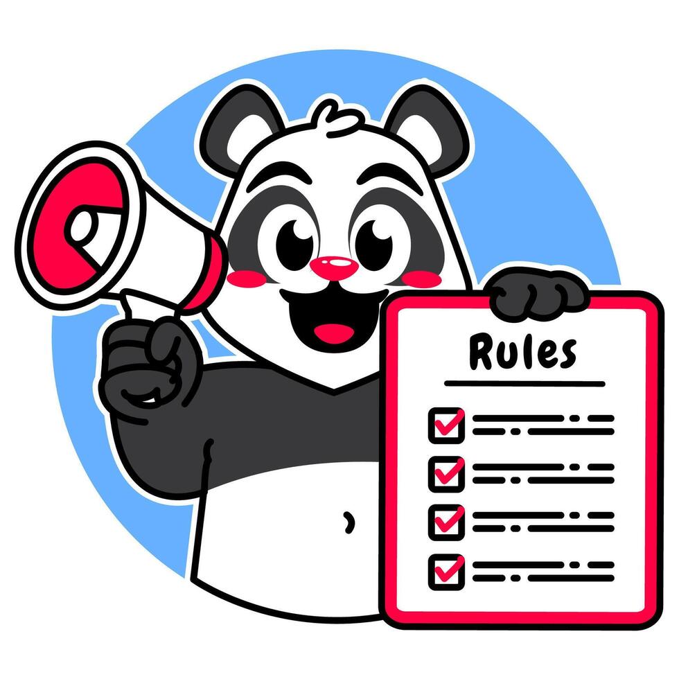 Illustration of Cute Panda Cartoon Character Holding Checklist and Rules ad a megaphone vector