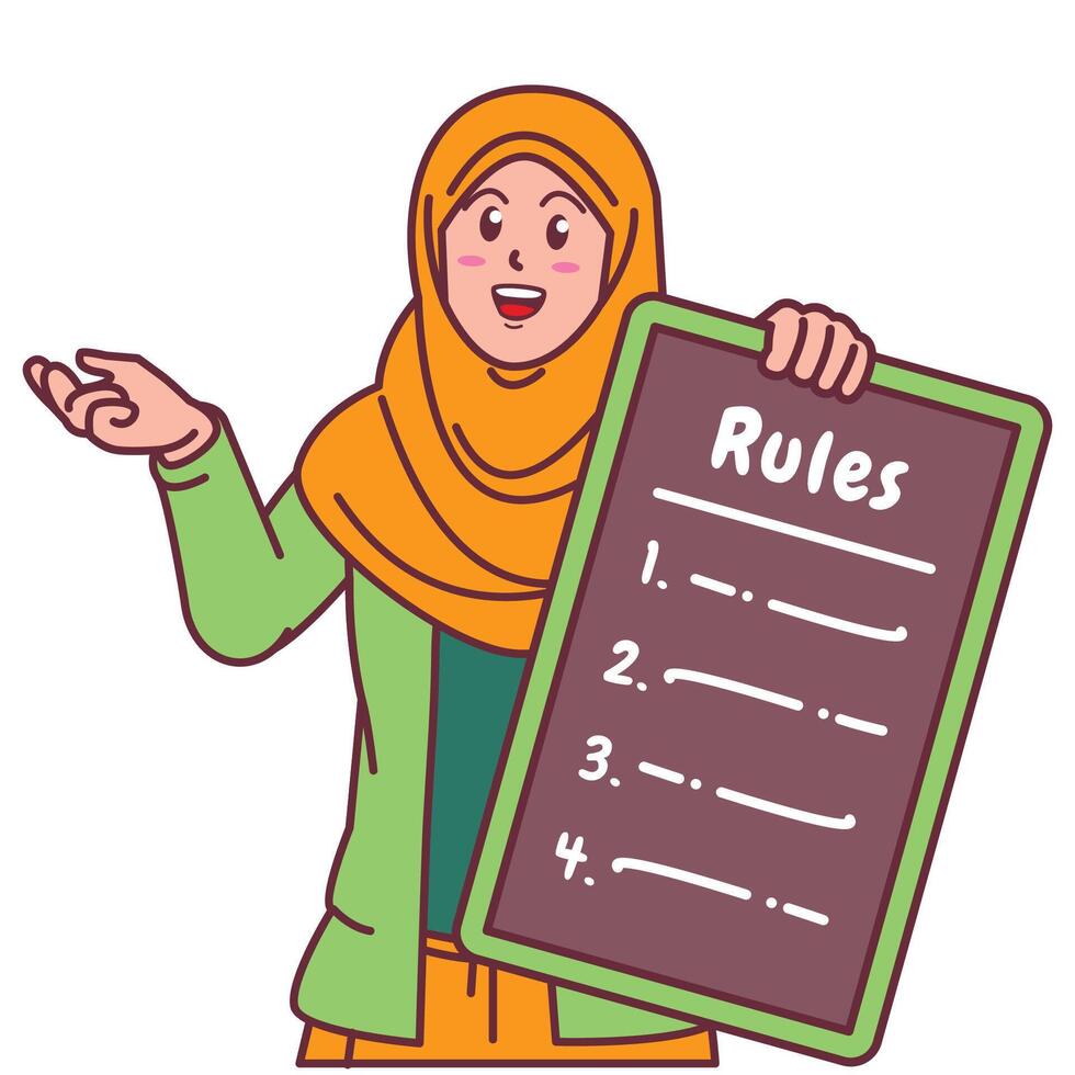 Cartoon illustration of a Muslim woman in a hijab explaining a list of rules vector