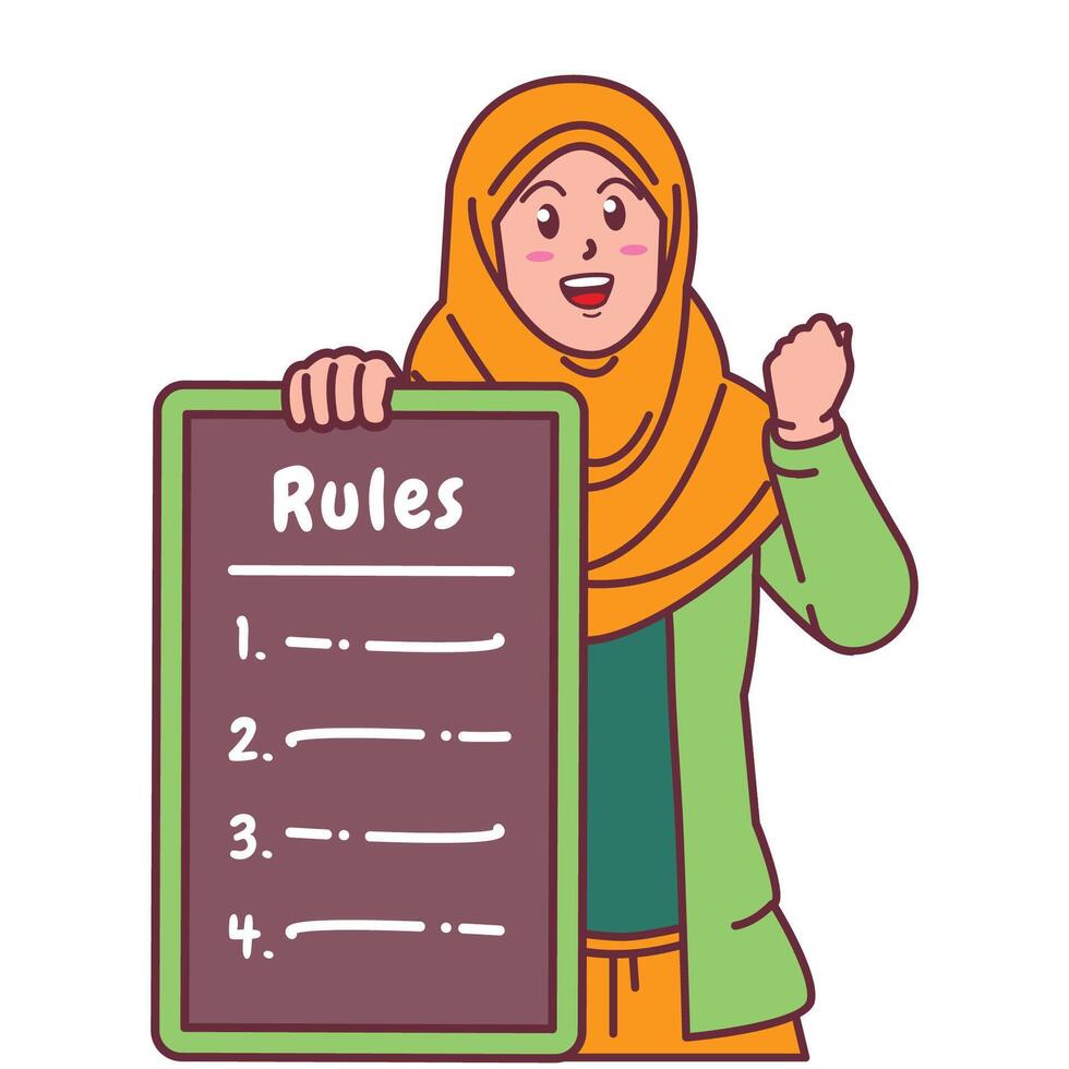 Cartoon illustration of a Muslim woman in a hijab explaining a list of rules vector