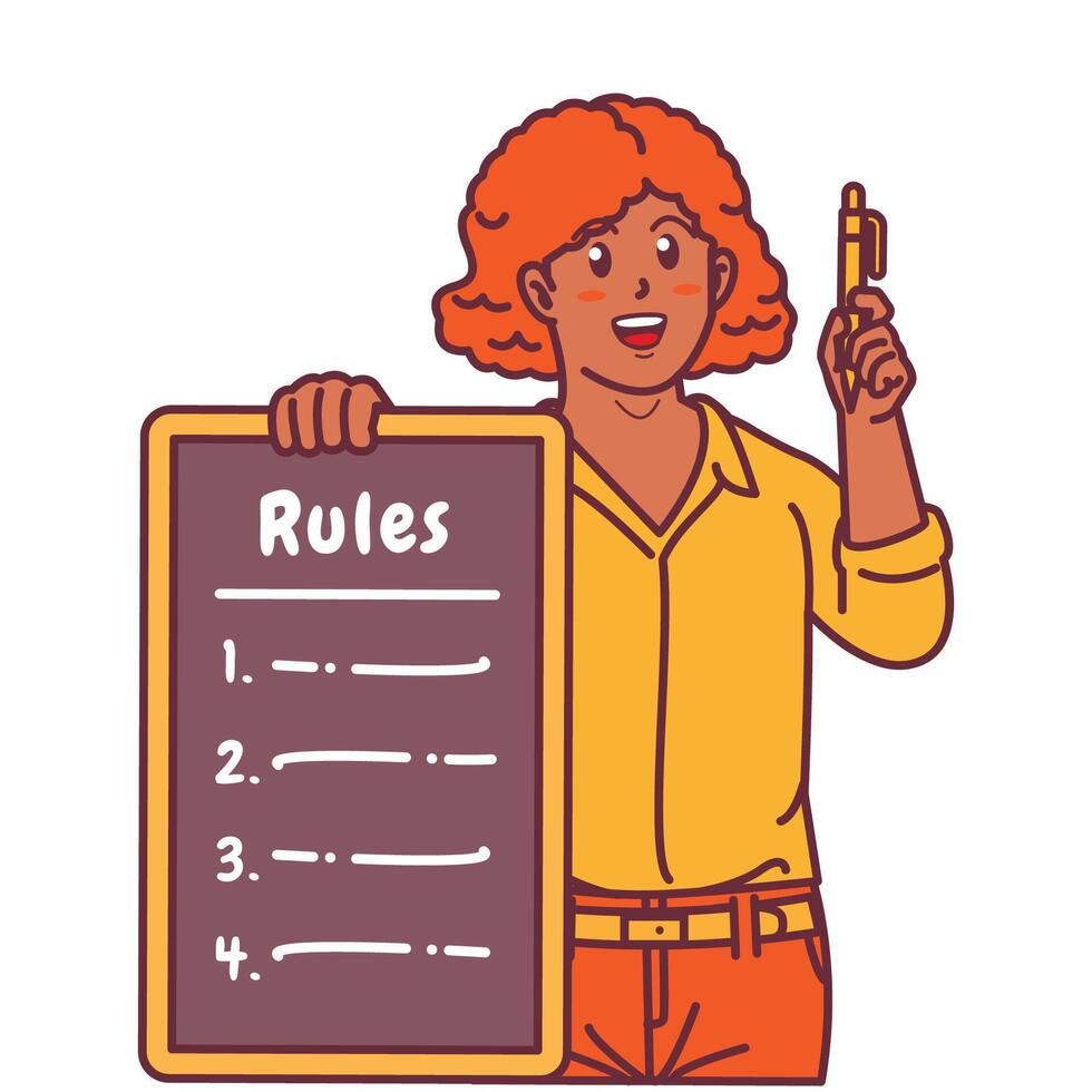Cartoon illustration of a black woman explaining a list of rules vector