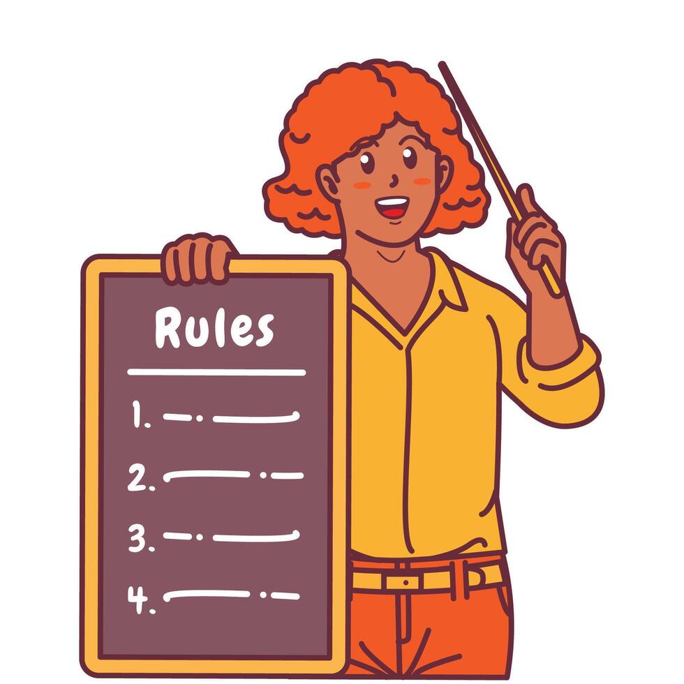 Cartoon illustration of a black woman explaining a list of rules vector