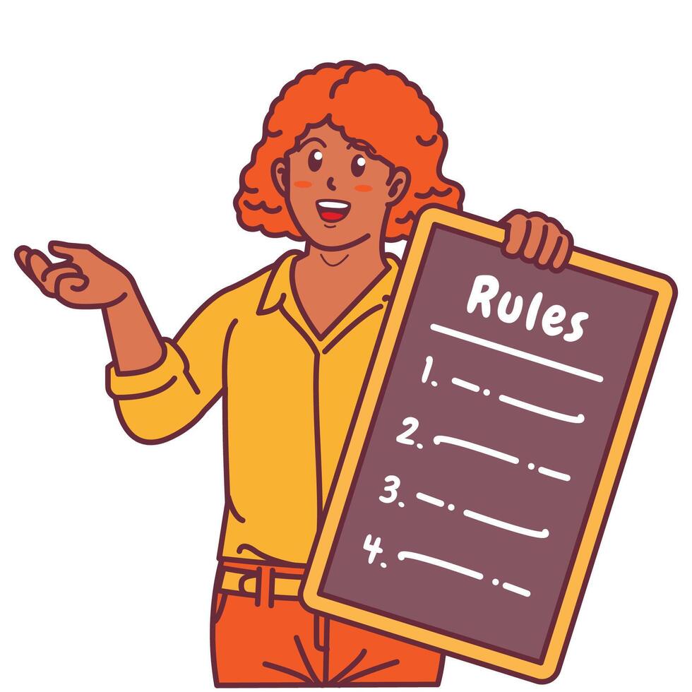 Cartoon illustration of a black woman explaining a list of rules vector