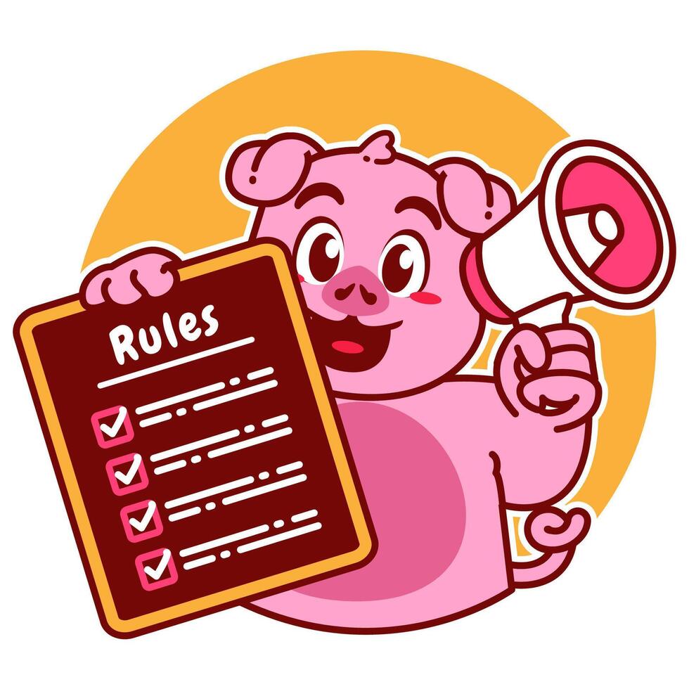 Illustration of Cute Pig Cartoon Character Holding a Checklist or list of rules and a megaphone vector