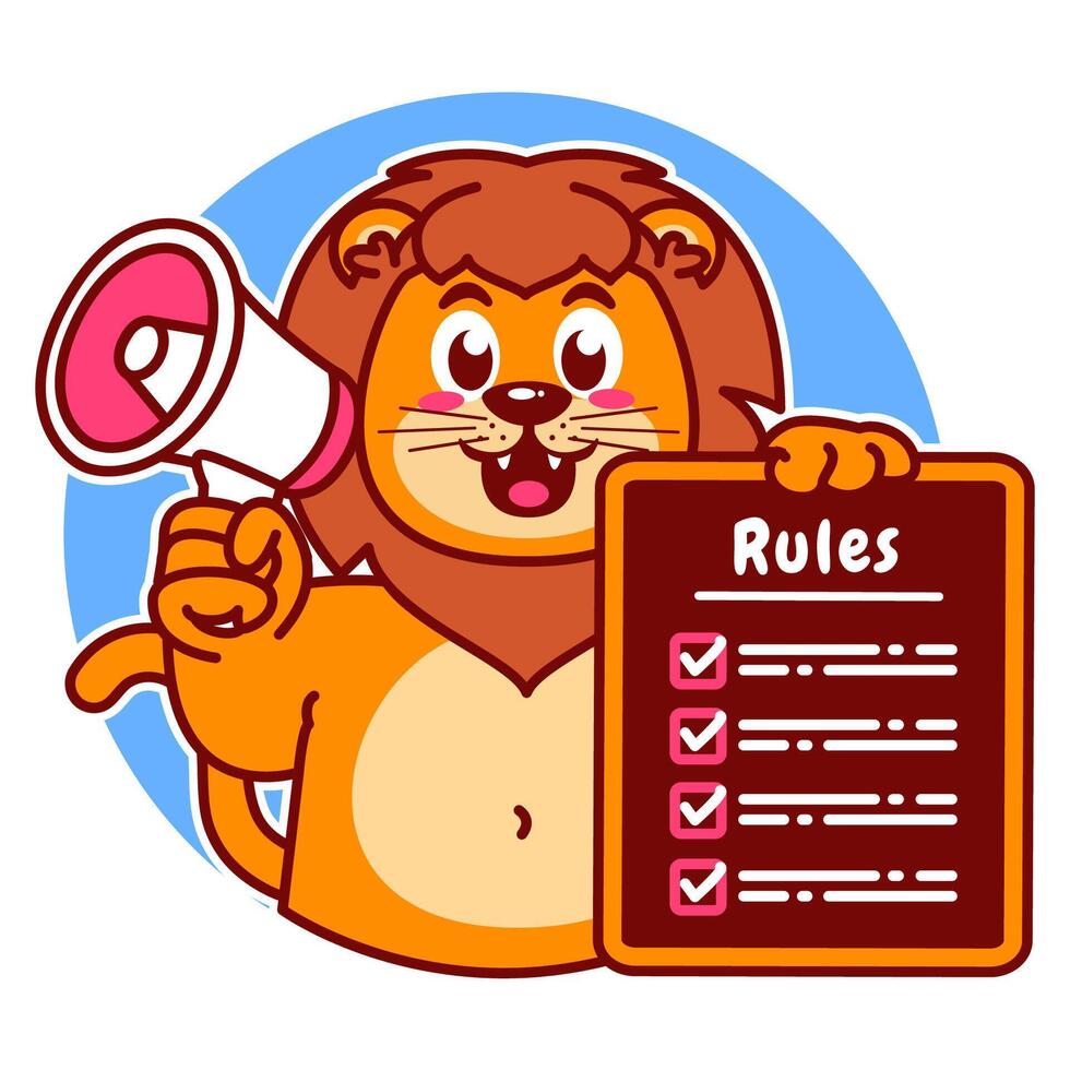 Illustration of Cute Lion Cartoon Character Holding Checklist and Rules and a megaphone vector