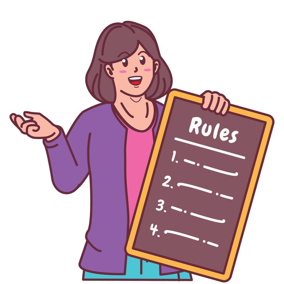 Cartoon illustration of a woman explaining a list of rules vector