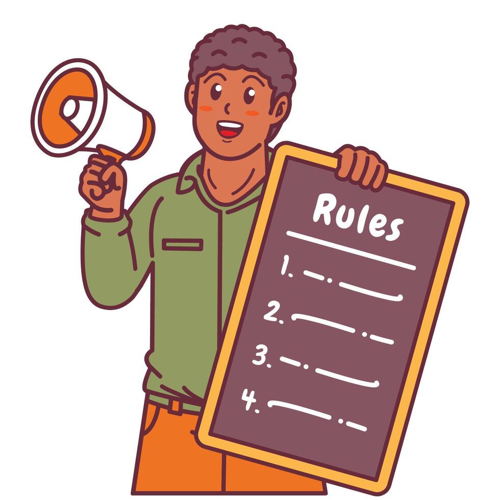 Cartoon illustration of a black man explaining a list of rules and holding a megaphone vector