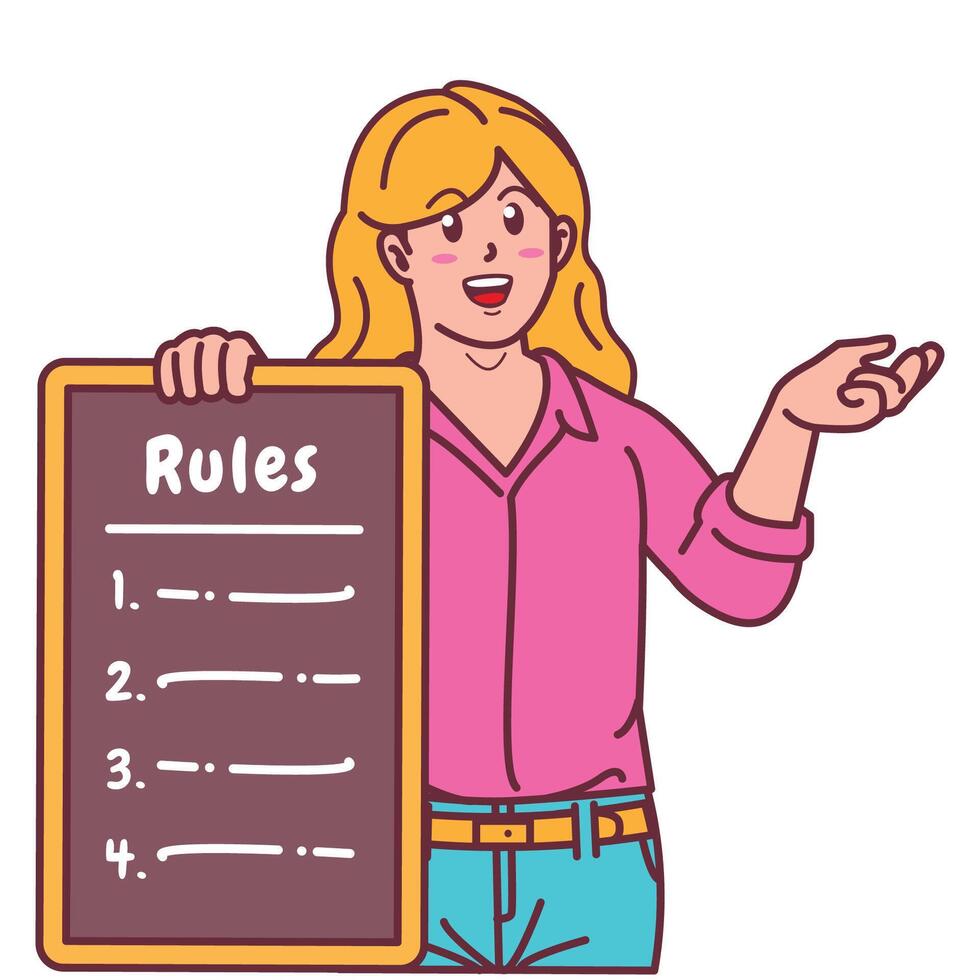 Cartoon illustration of a woman explaining a list of rules vector
