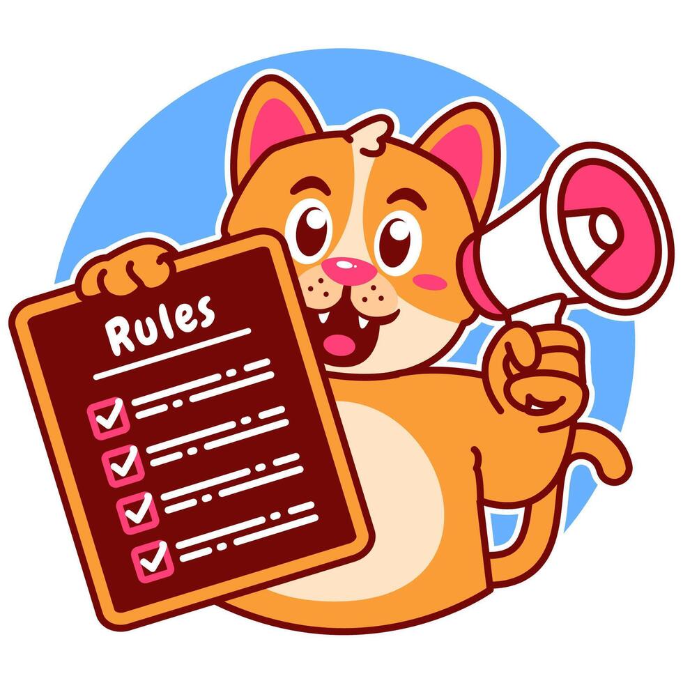 Illustration of Cute Cat Cartoon Character Holding Checklist and Rules and a megaphone vector