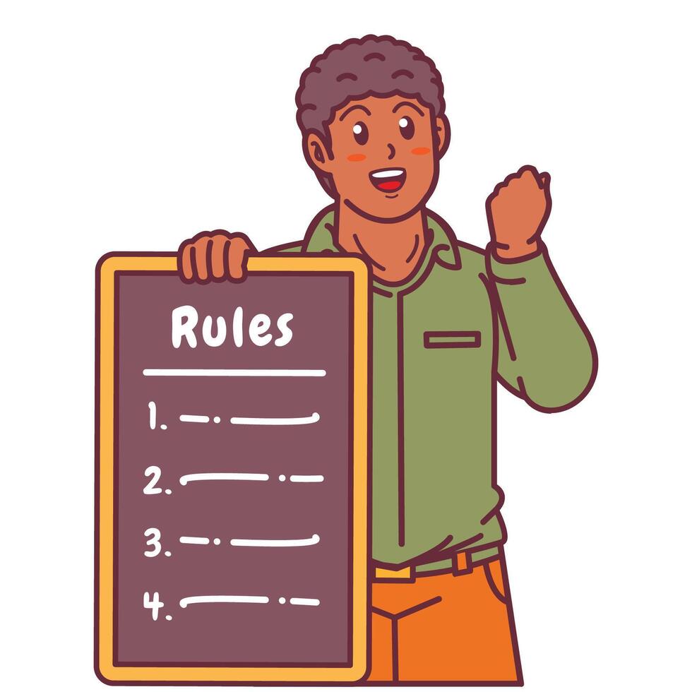 Cartoon illustration of a black man explaining a list of rules vector