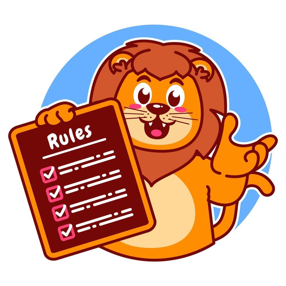 Illustration of Cute Lion Cartoon Character Holding Checklist and Rules vector