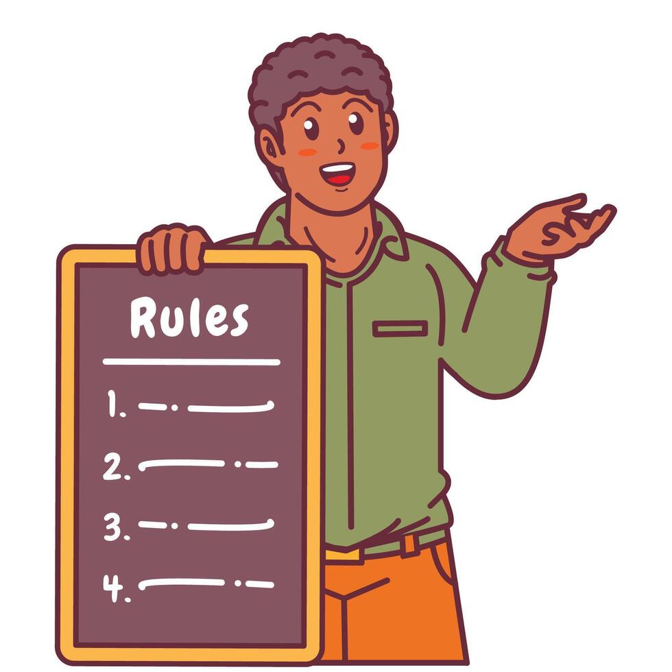 Cartoon illustration of a black man explaining a list of rules vector