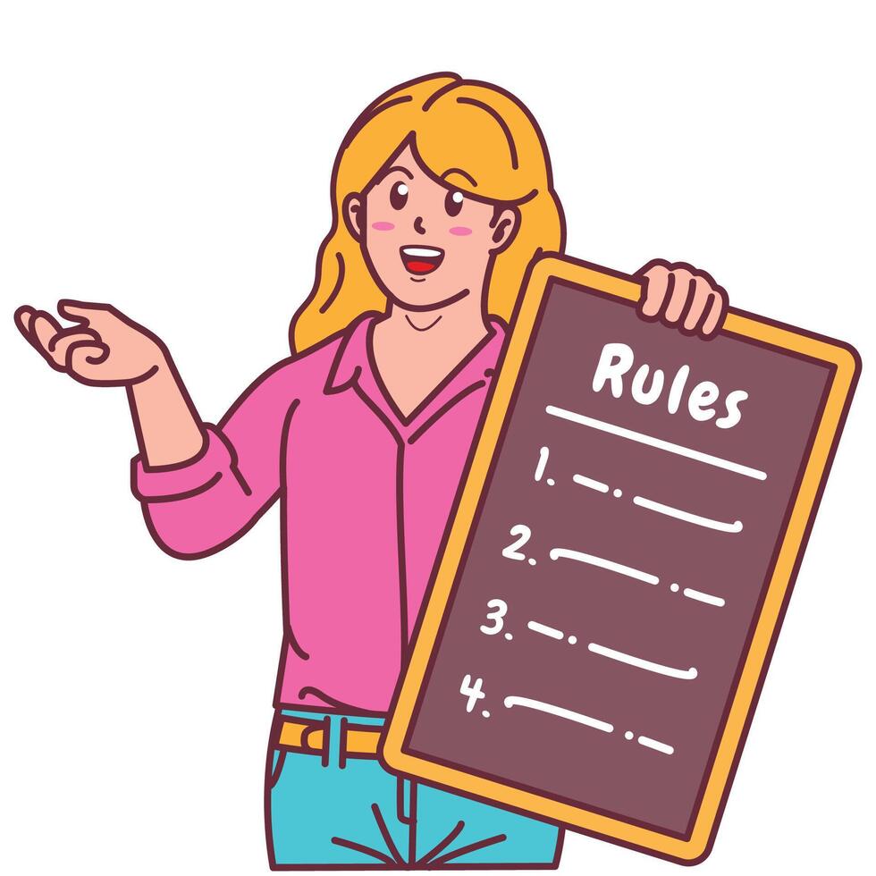 Cartoon illustration of a woman explaining a list of rules vector