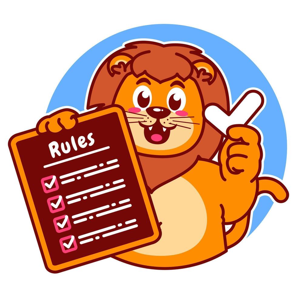 Illustration of Cute Lion Cartoon Character Holding Checklist and Rules vector