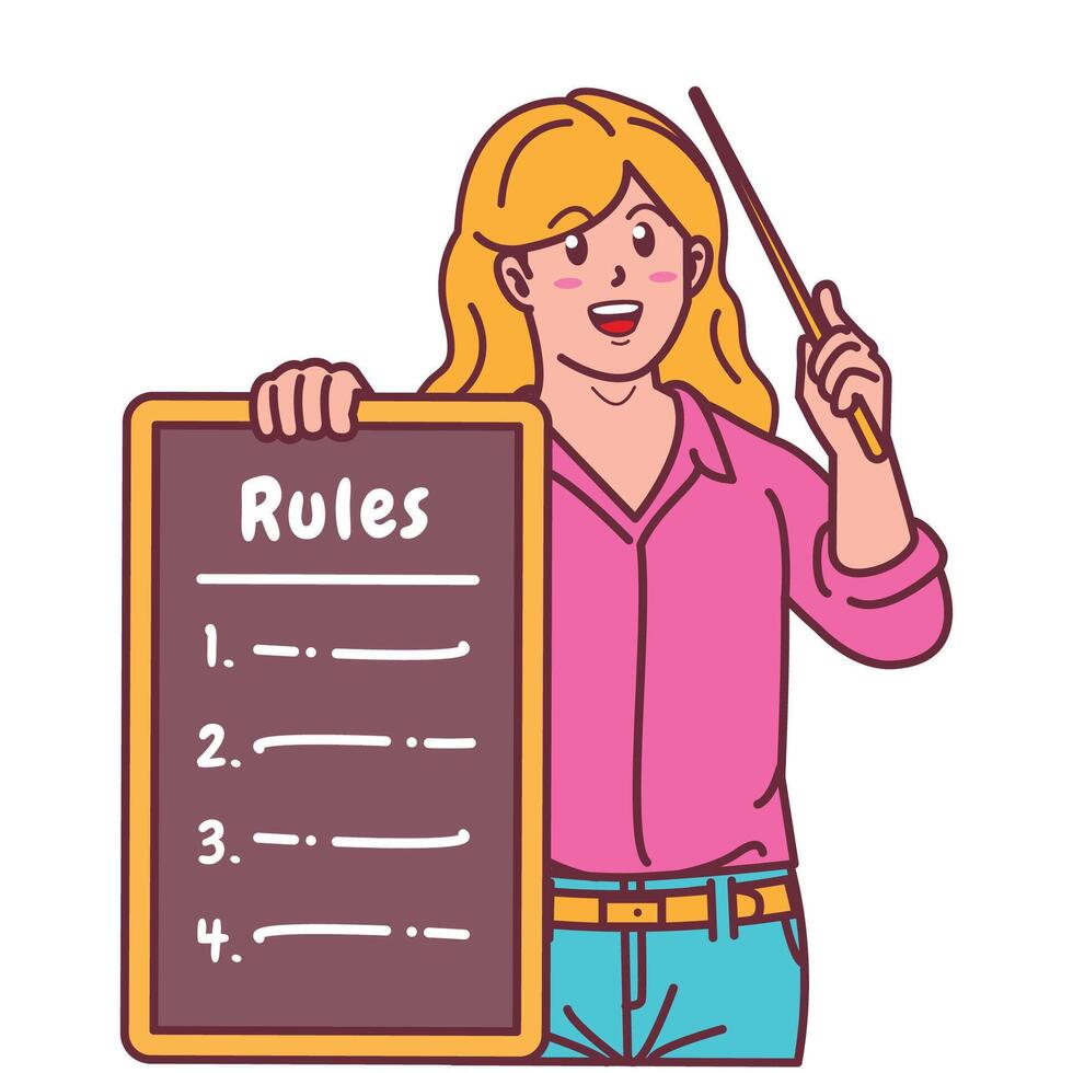 Cartoon illustration of a woman explaining a list of rules vector