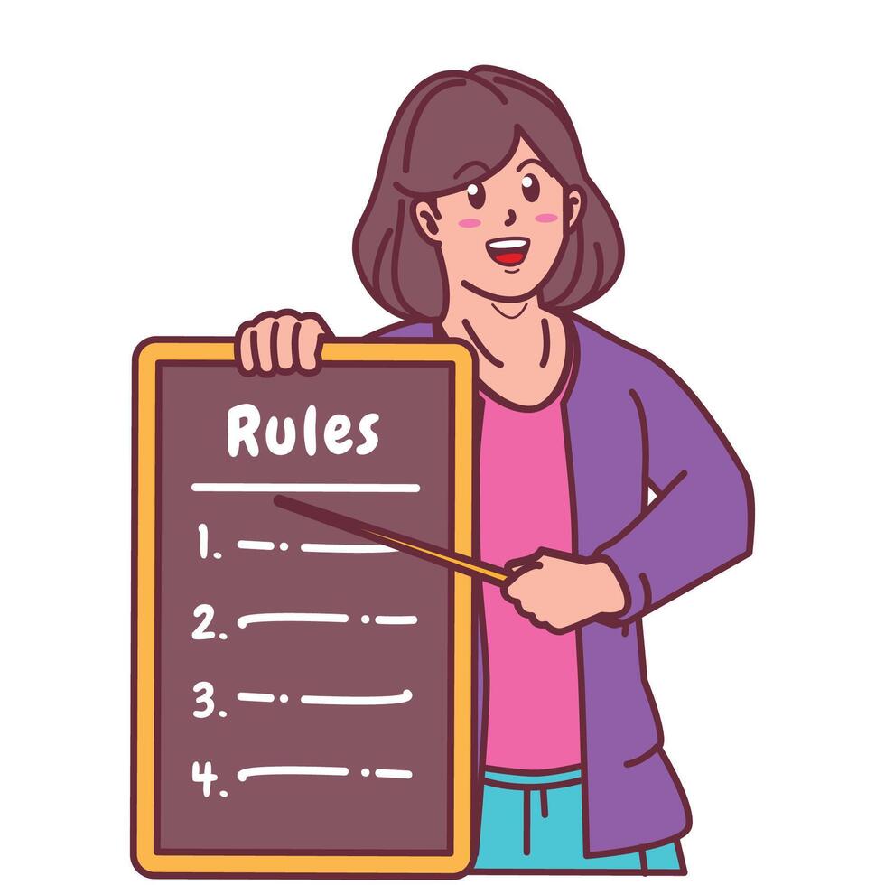 Cartoon illustration of a woman explaining a list of rules vector