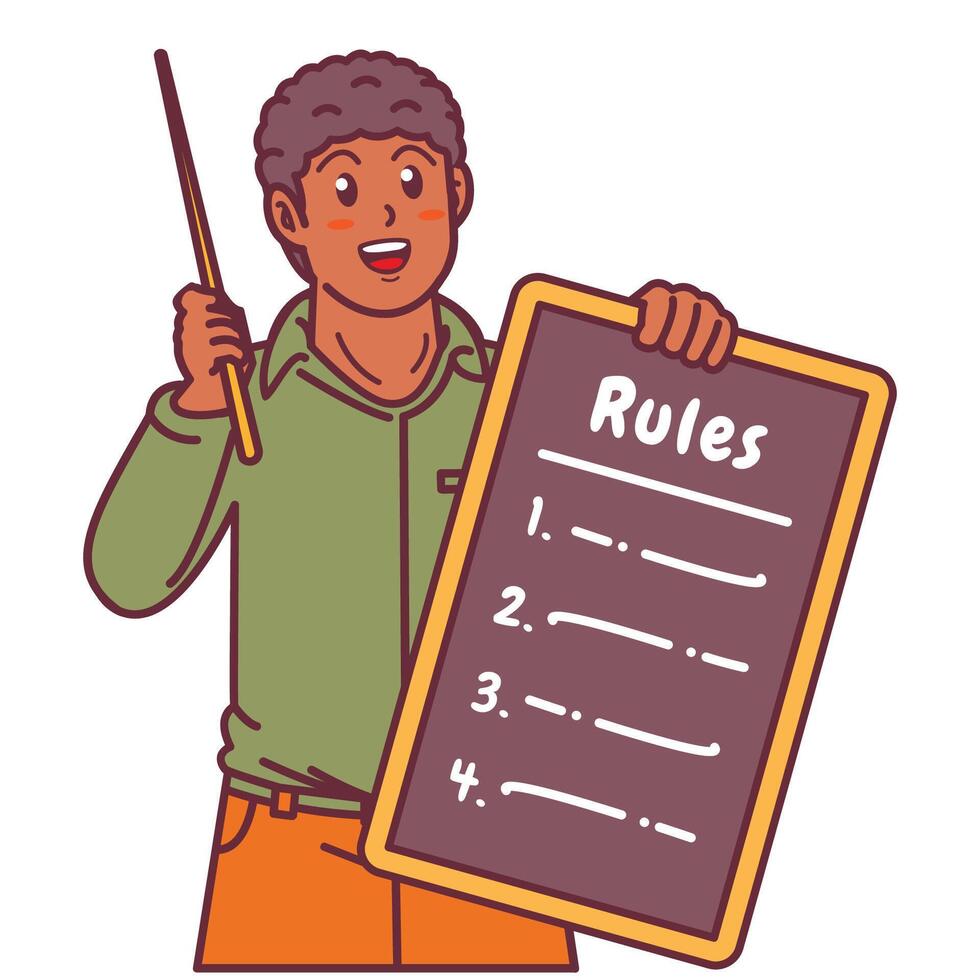Cartoon illustration of a black man explaining a list of rules vector