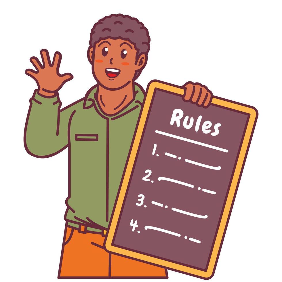 Cartoon illustration of a black man explaining a list of rules vector