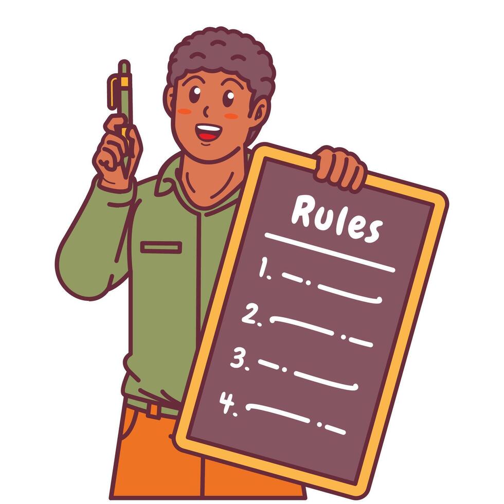 Cartoon illustration of a black man explaining a list of rules vector