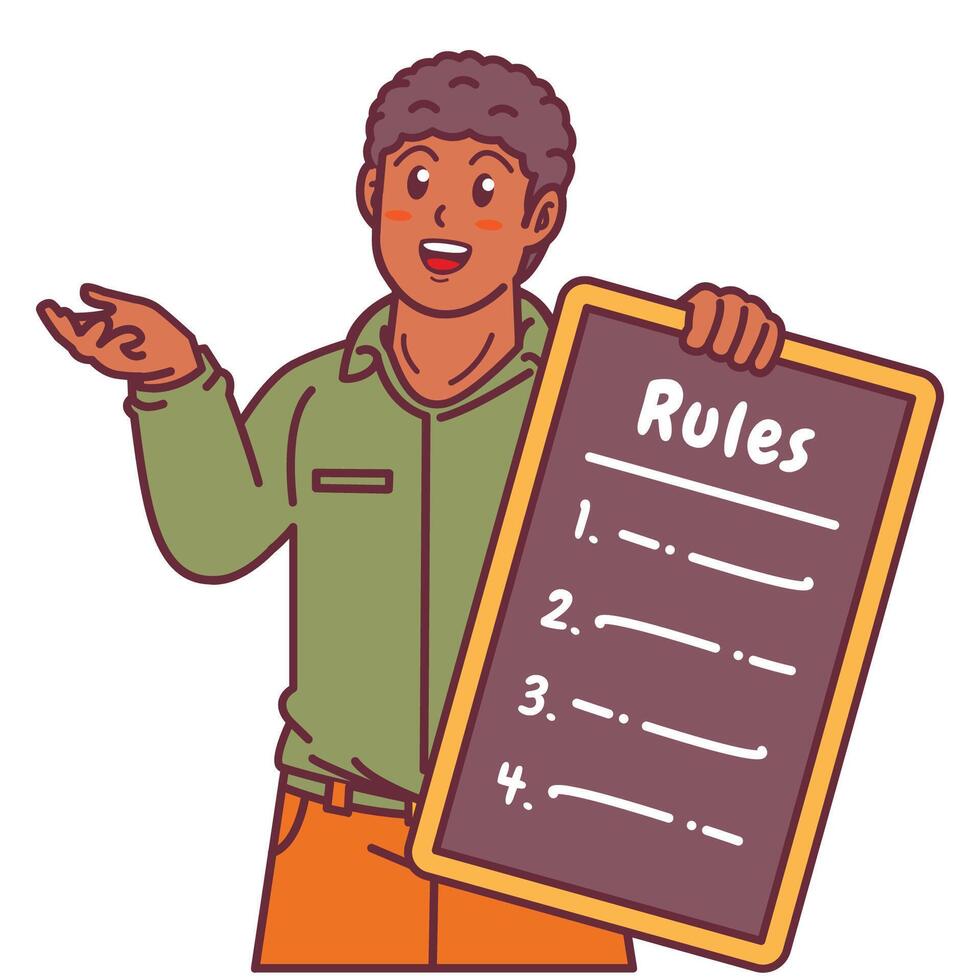 Cartoon illustration of a black man explaining a list of rules vector