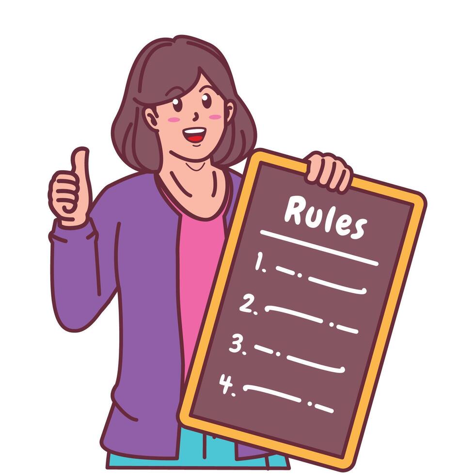 Cartoon illustration of a woman explaining a list of rules vector