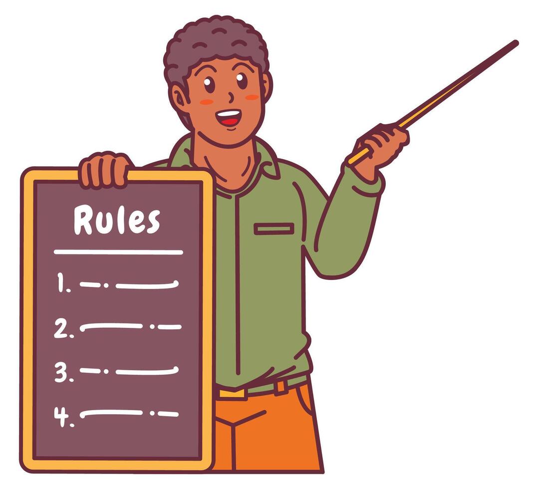 Cartoon illustration of a black man explaining a list of rules vector