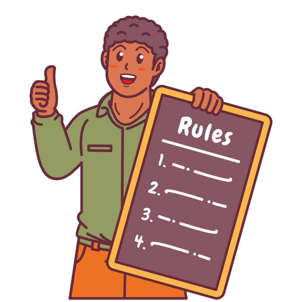 Cartoon illustration of a black man explaining a list of rules vector