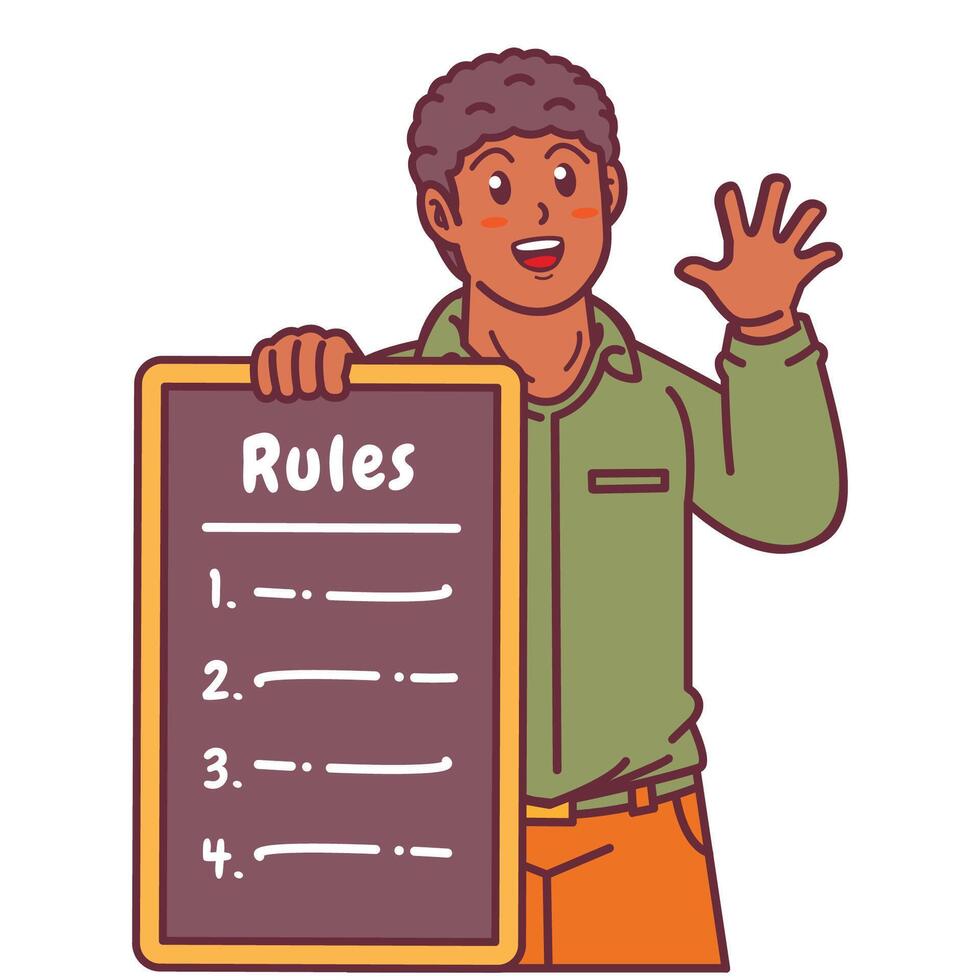 Cartoon illustration of a black man explaining a list of rules vector