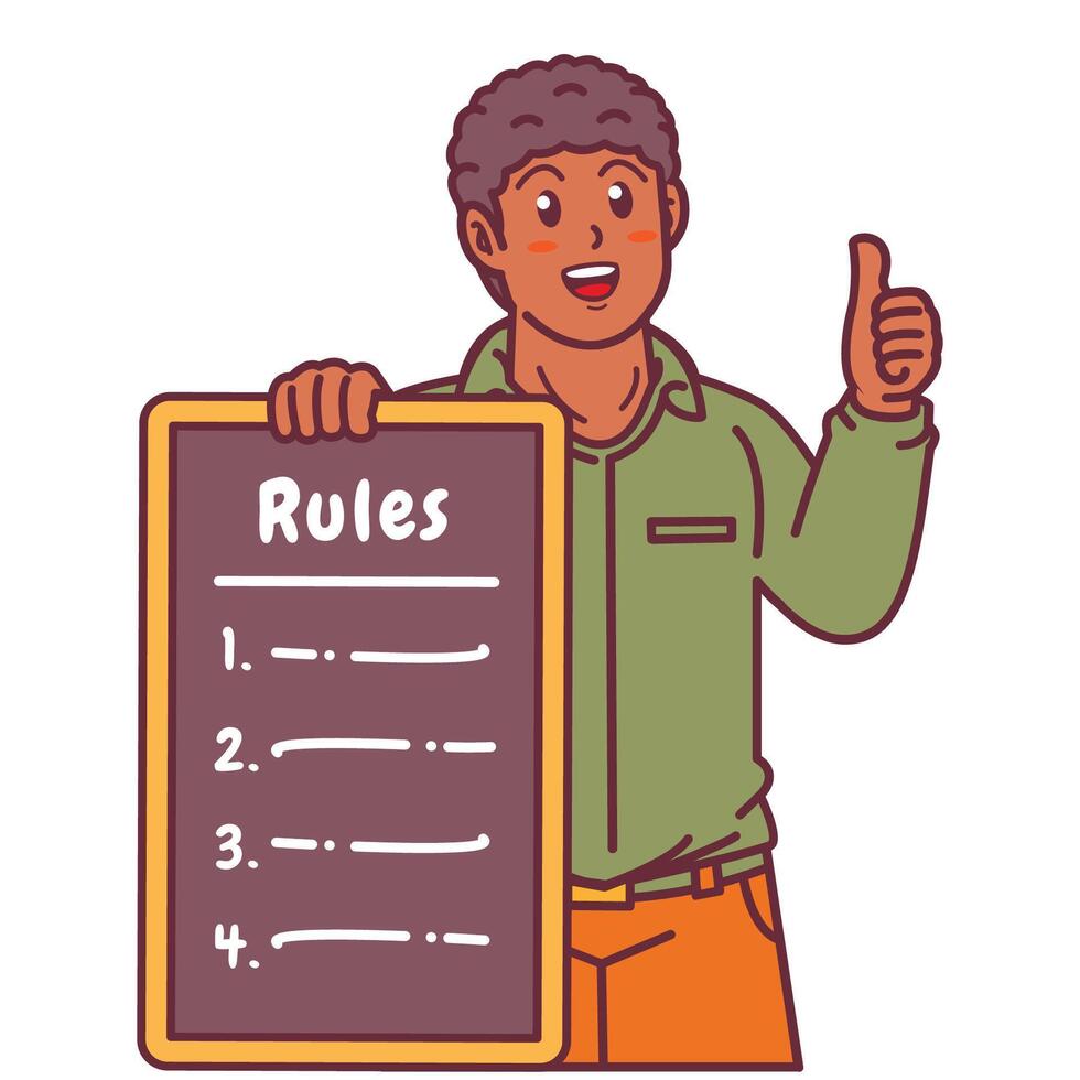 Cartoon illustration of a black man explaining a list of rules vector