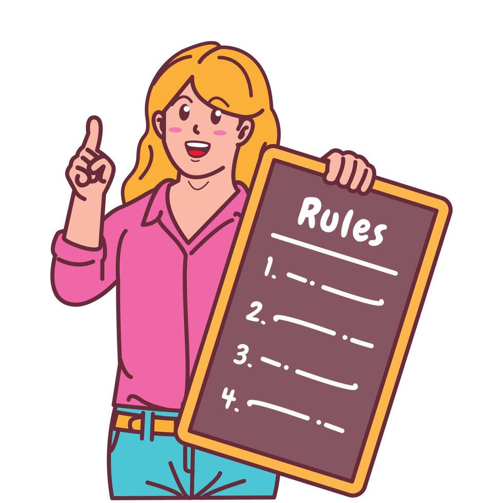 Cartoon illustration of a woman explaining a list of rules vector