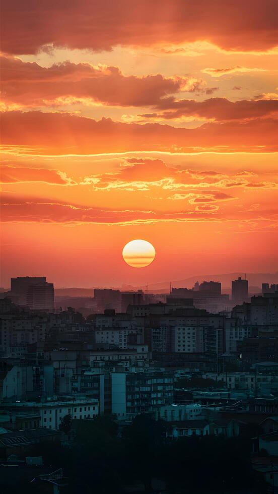 City skyline shimmers with orange and pink hues as the sun sets gracefully Vertical Mobile Wallpaper photo