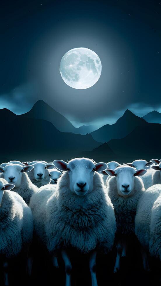 Tranquil moonlit night with flock of sheep in soft light, calming atmosphere Vertical Mobile Wallpaper photo