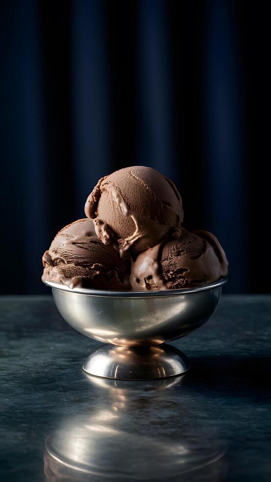 Decadent chocolate ice cream in a shiny bowl on a dark surface Vertical Mobile Wallpaper photo