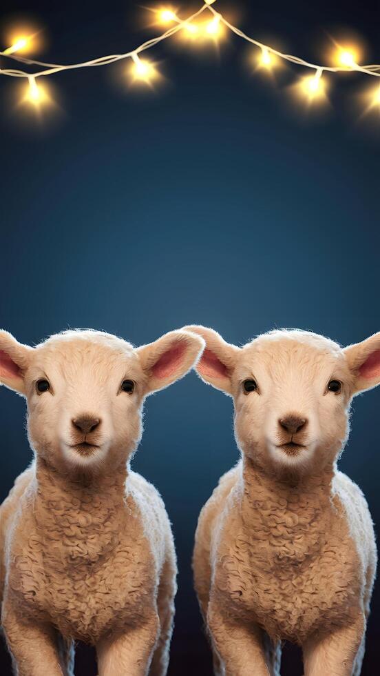 Two cute lambs under glowing fairy lights against a deep blue background Vertical Mobile Wallpaper photo