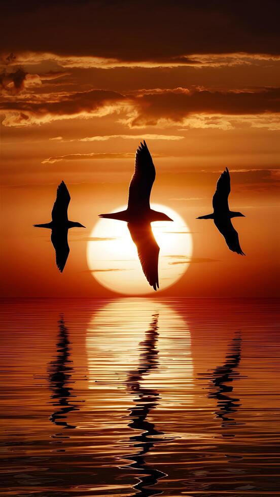 Three birds soar in silhouette against fiery sunset reflecting on tranquil waters Vertical Mobile Wallpaper photo