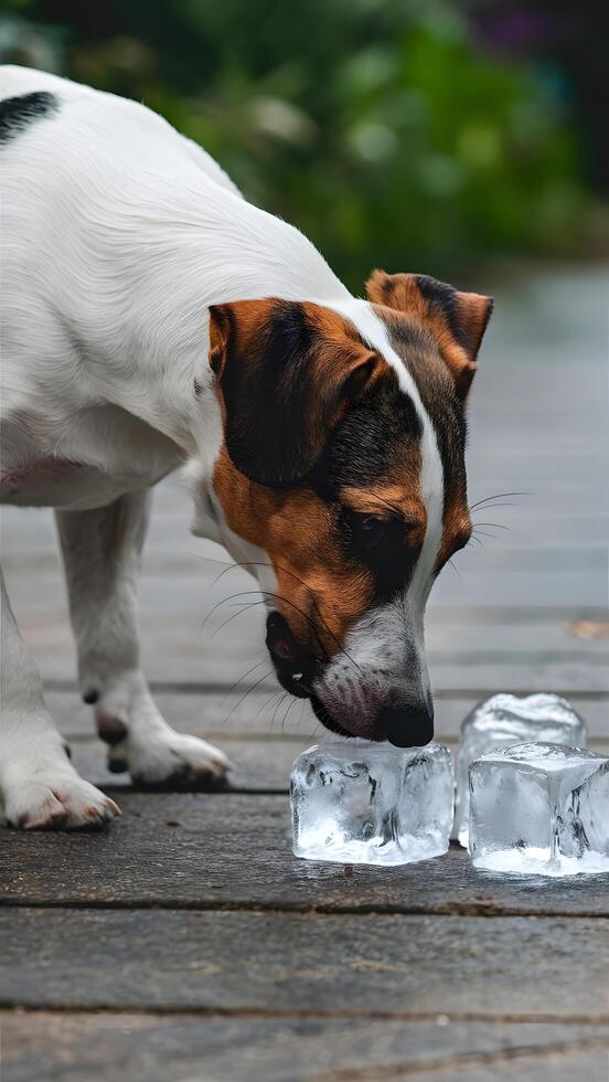Curious Jack Russell Terrier inspects ice cubes on pavement in outdoor setting Vertical Mobile Wallpaper photo