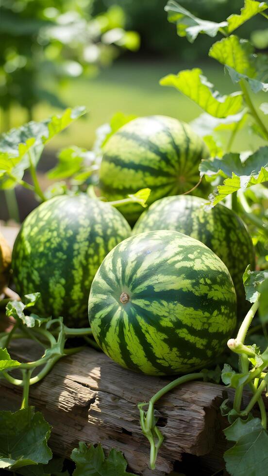 Ripe watermelons on wood in garden, bathed in sunlight, evoke summer abundance Vertical Mobile Wallpaper photo