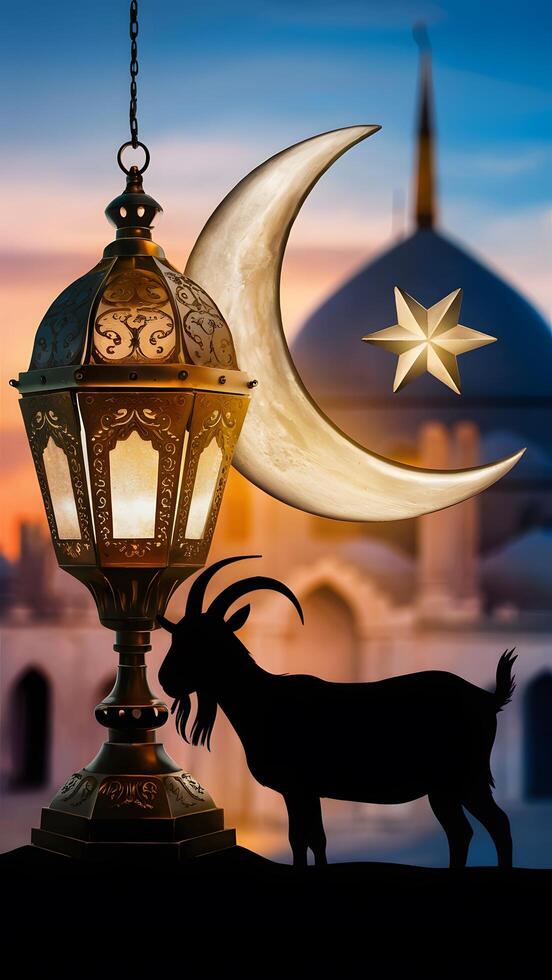 A serene scene of crescent moon, star, lantern, goat silhouette and mosque at dusk Vertical Mobile Wallpaper photo