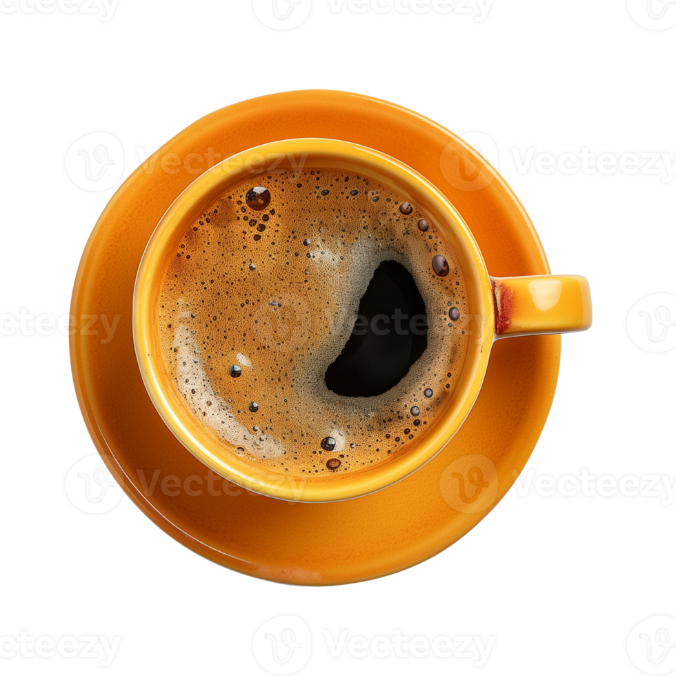 cup of hot black coffee on a transparent background, top view, cut out png